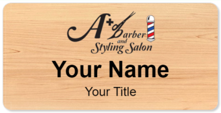 Custom name badges for A Plus Barber and Styling Salon
