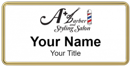 Custom name badges for A Plus Barber and Styling Salon
