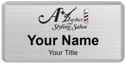 Custom name badges for A Plus Barber and Styling Salon
