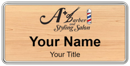 Custom name badges for A Plus Barber and Styling Salon