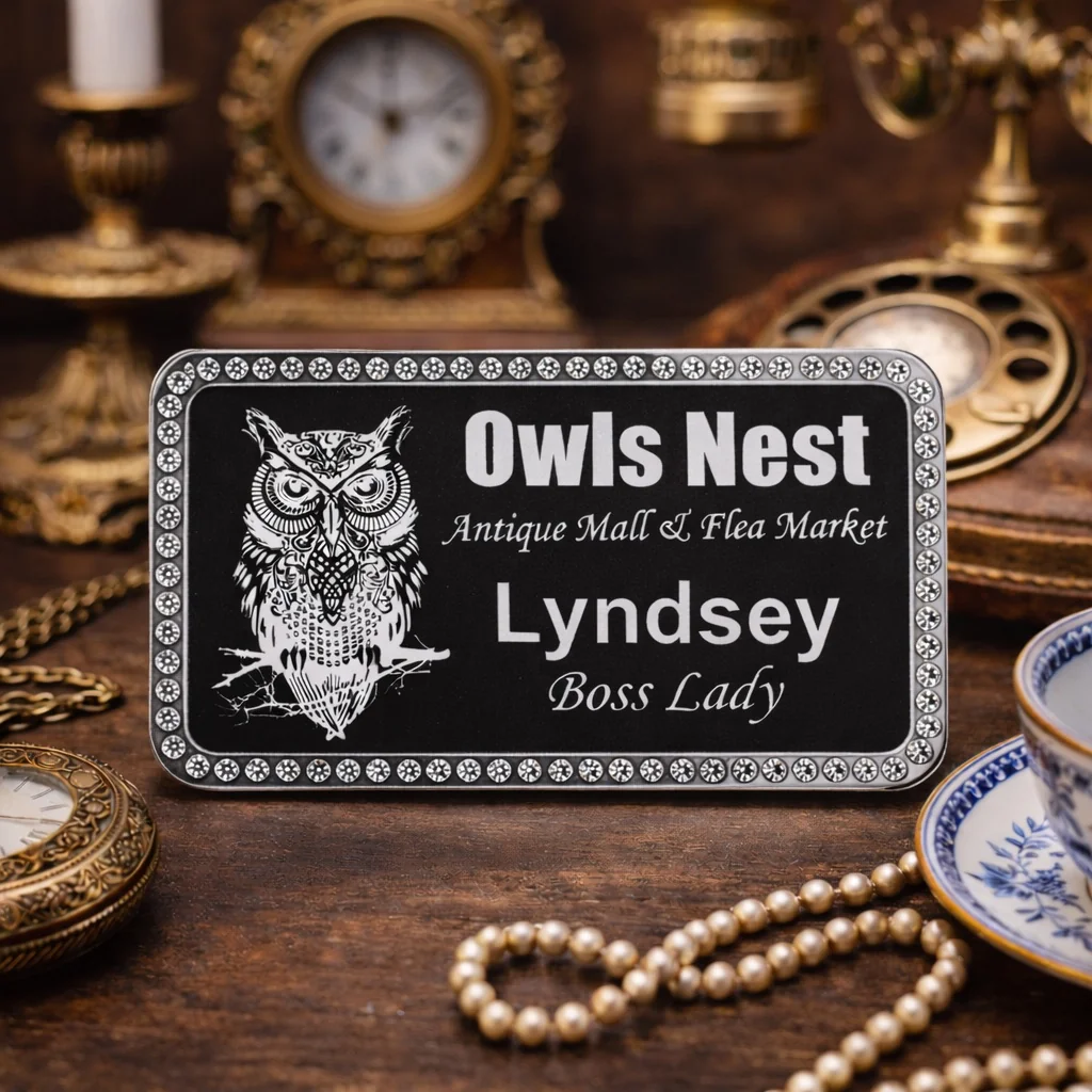 Bling rhinestone name badge — Owls Nest antique store