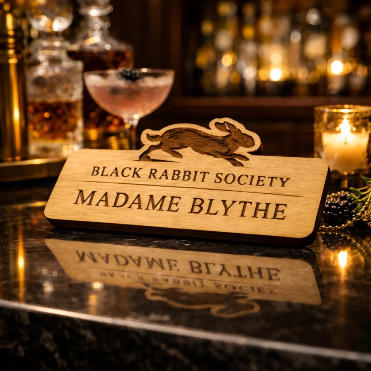 Engraved wood name badge for Cocktail Bar Hospitality cocktail bar hospitality staff