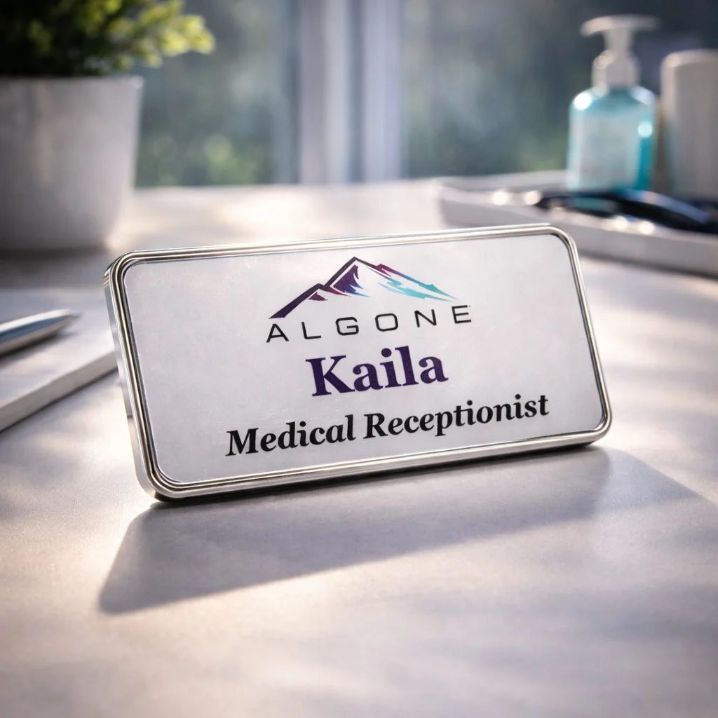 Healthcare staff name badge — Algone Medical receptionist