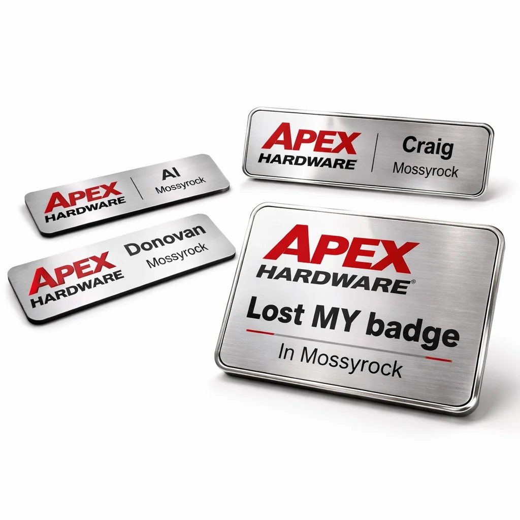 Silver premium Apex Hardware name badges in multiple sizes showing volume order capability