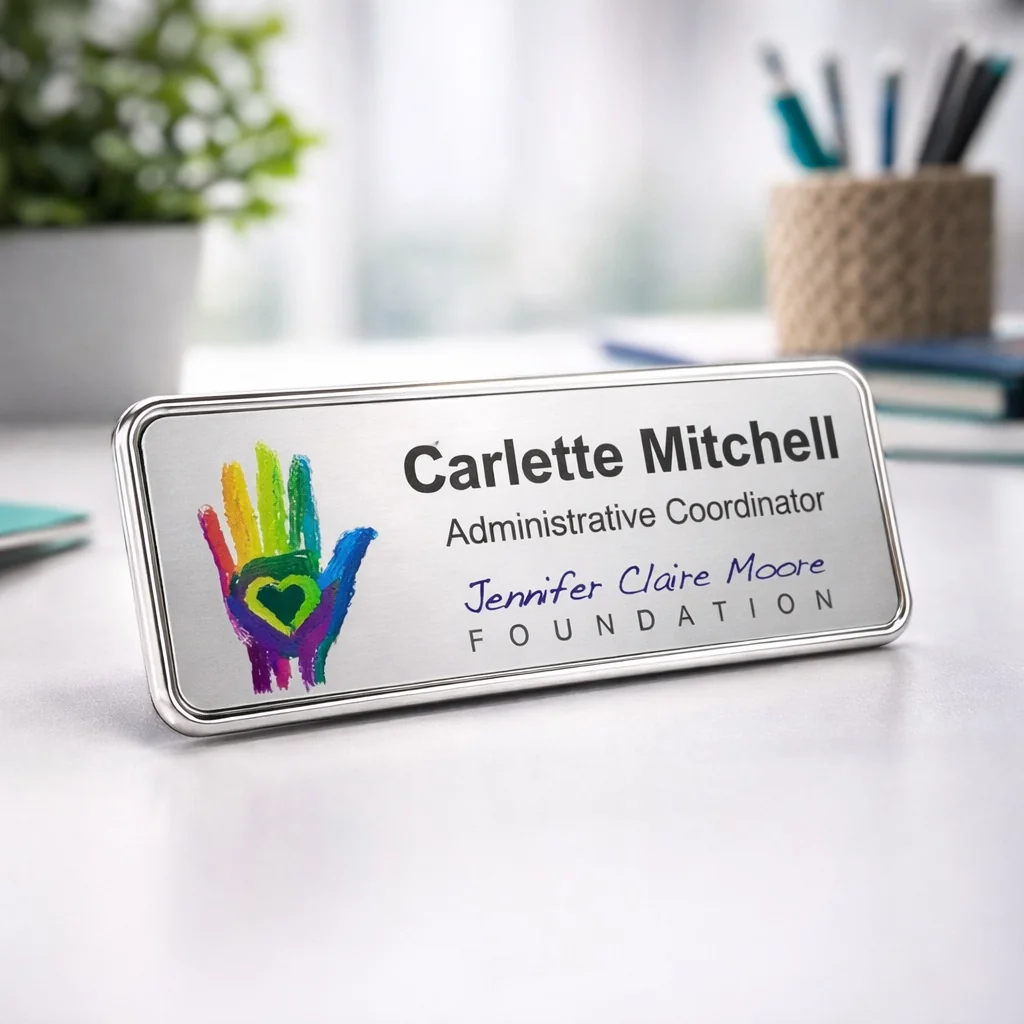 Silver premium name badge with custom logo for Jennifer Claire Moore Foundation nonprofit