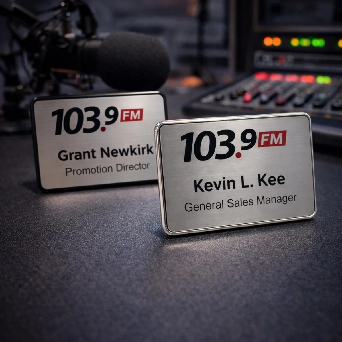 103.9 FM radio station staff with silver-premium magnetic name badges