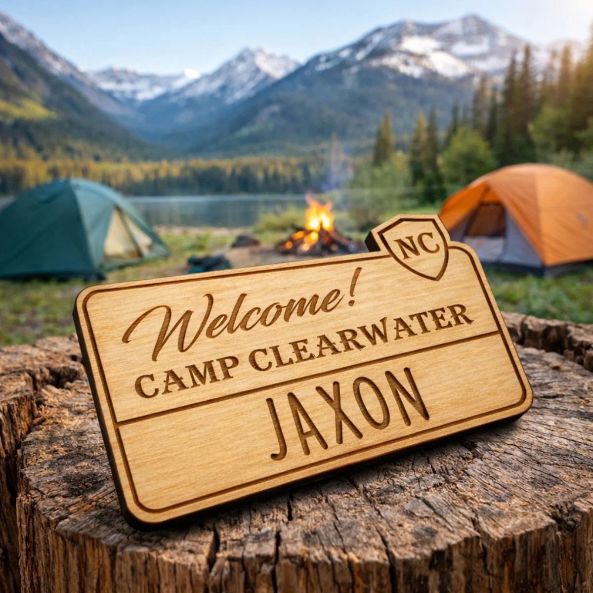 Custom engraved wood name badge for Camp Clearwater summer camp staff with mountain backdrop
